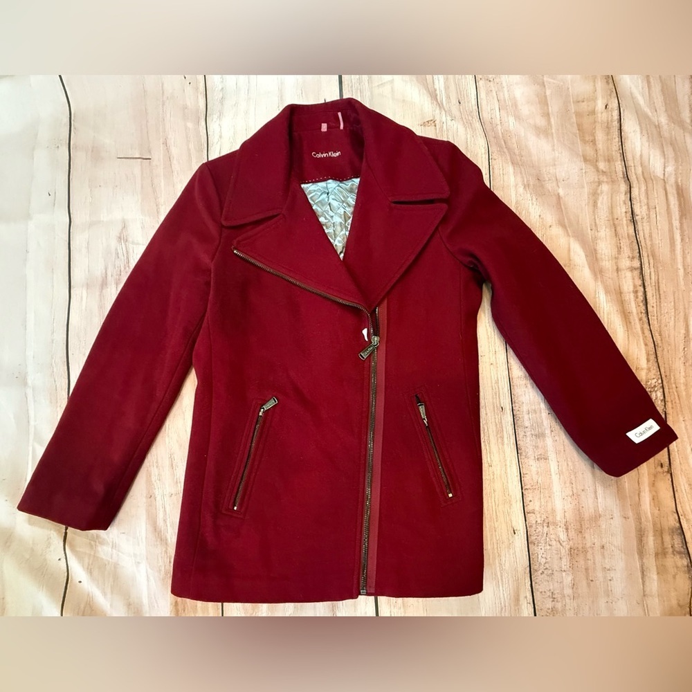 Calvin Klein Wool Blend Peacoat Size Large Women's Dark Red Jacket Zipper Front